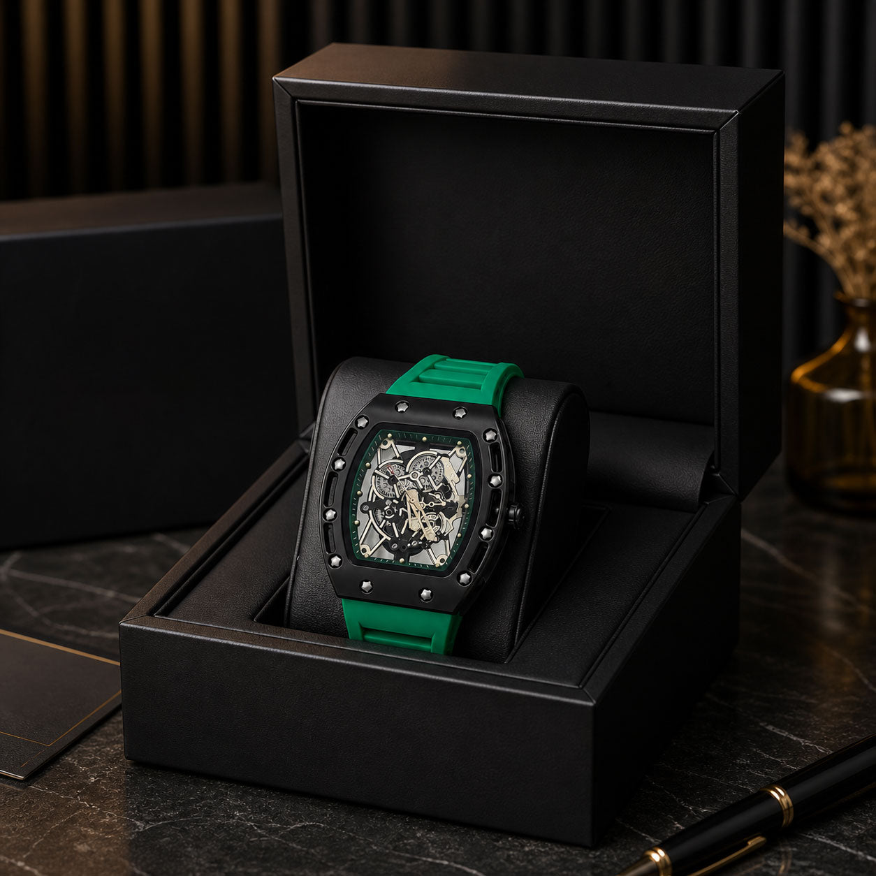 Skeleton Sport Watch Open-Dial Mechanical Design | Green Silicone Strap