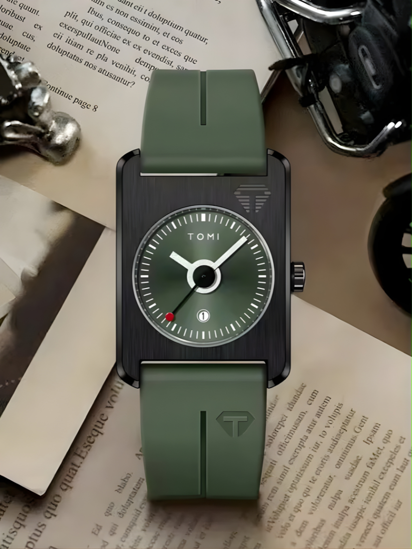 TOMI T-022 Tank Dial Watch Green Magnetic Silicone Strap Unisex Quartz Sevensi