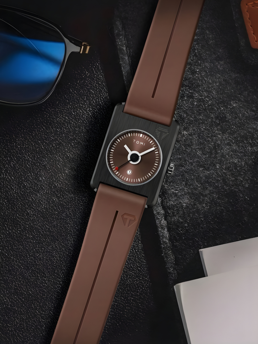 TOMI T-022 Tank Dial Watch Brown Magnetic Silicone Strap Unisex Quartz Sevensi