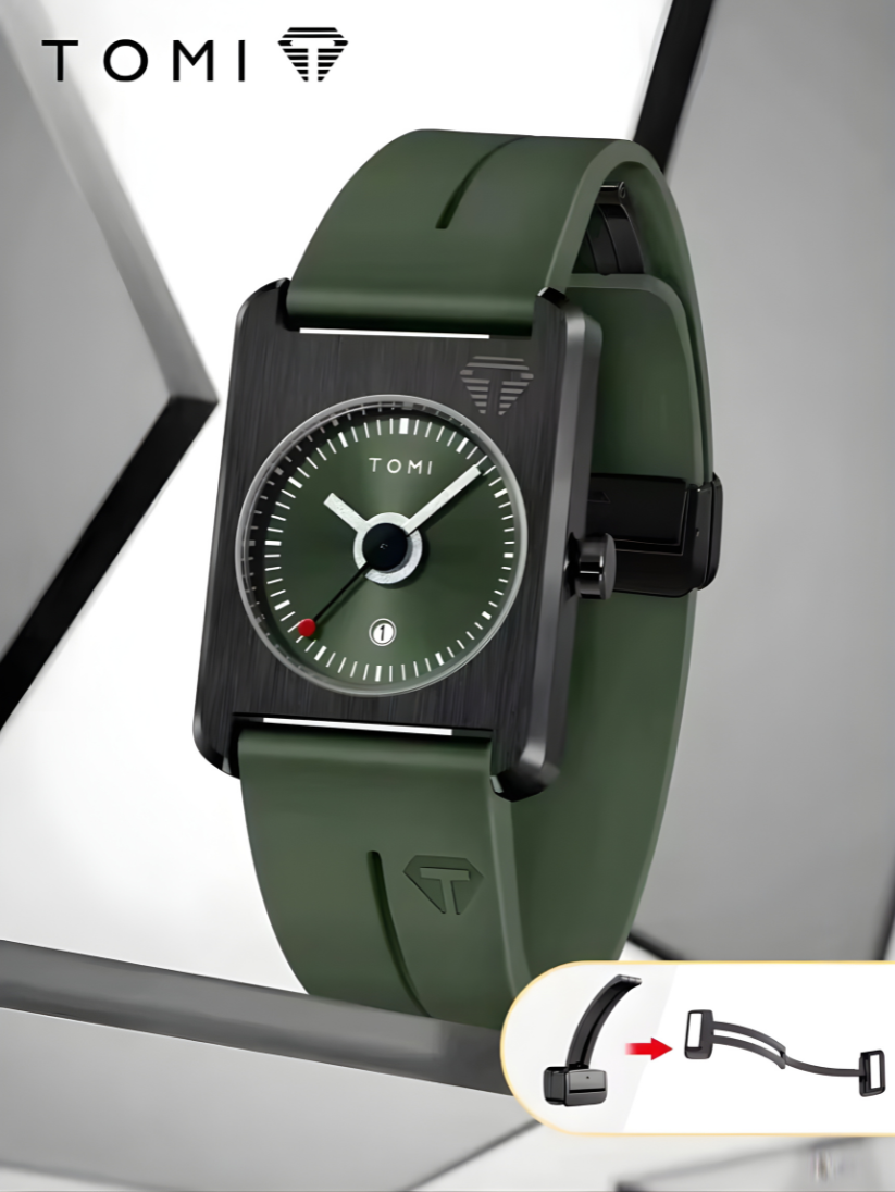 TOMI T-022 Tank Dial Watch Green Magnetic Silicone Strap Unisex Quartz Sevensi
