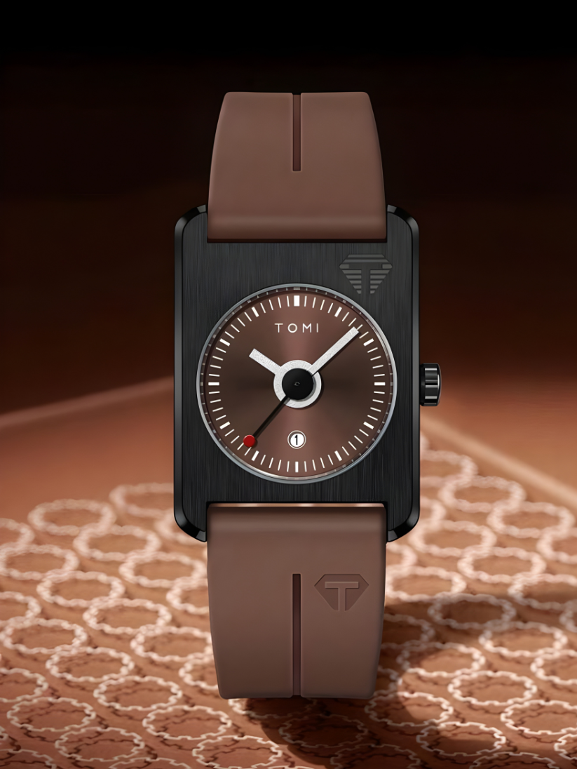 TOMI T-022 Tank Dial Watch Brown Magnetic Silicone Strap Unisex Quartz Sevensi