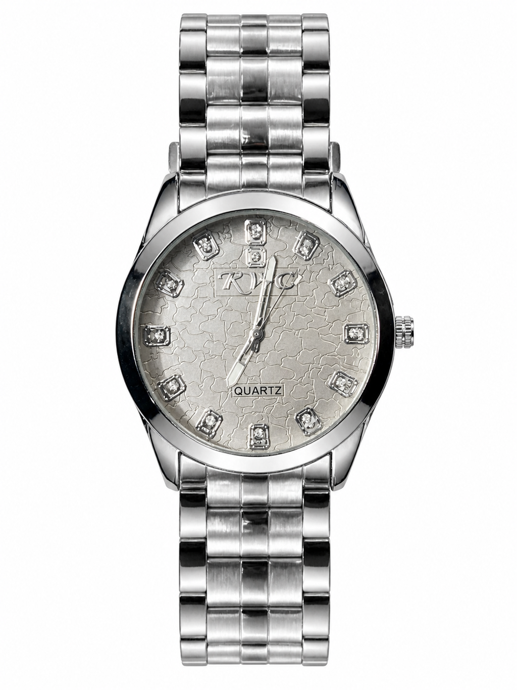 Silver Frost Crackle-Dial Watch Crystal Marker Steel Bracelet | Classic Round Case