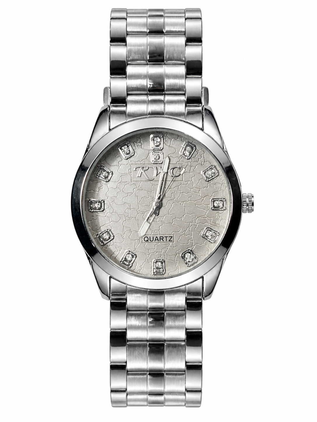Silver Frost Crackle-Dial Watch Crystal Marker Steel Bracelet | Classic Round Case