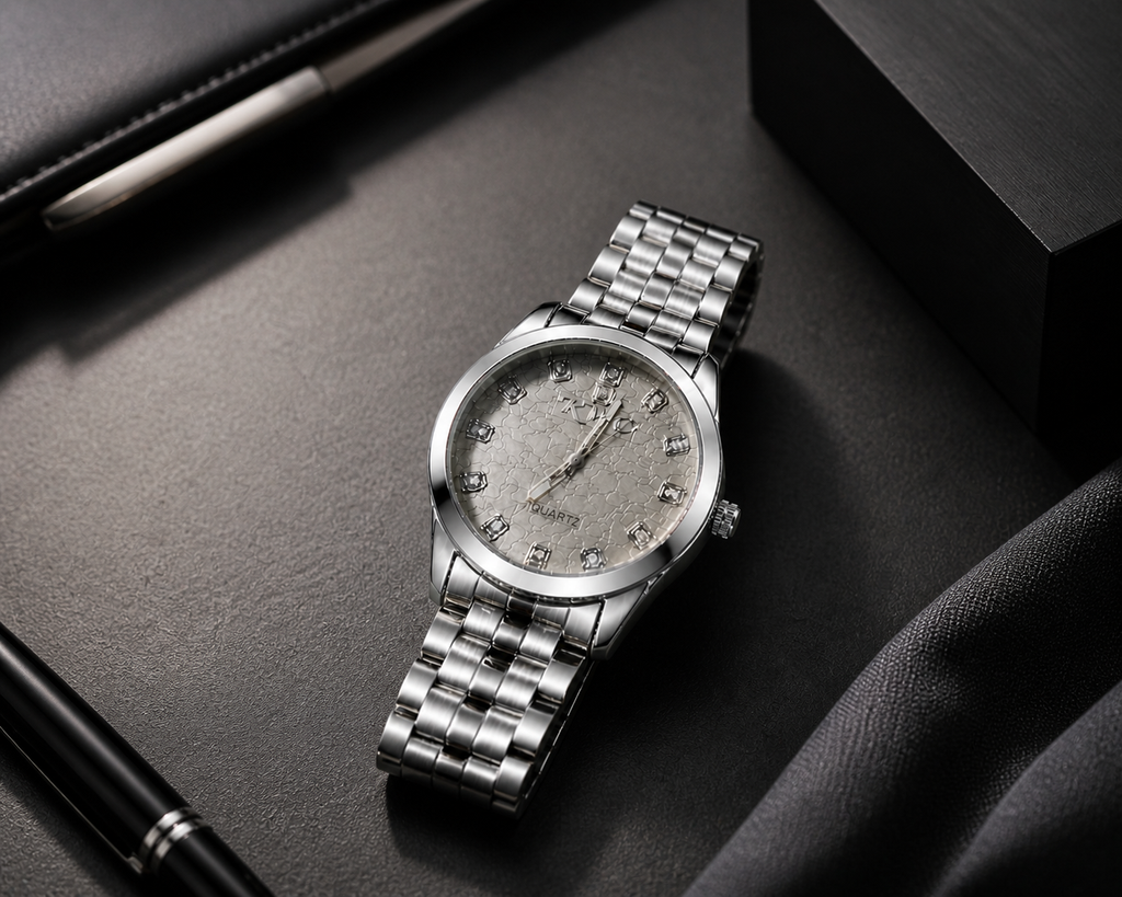 Silver Frost Crackle-Dial Watch Crystal Marker Steel Bracelet | Classic Round Case