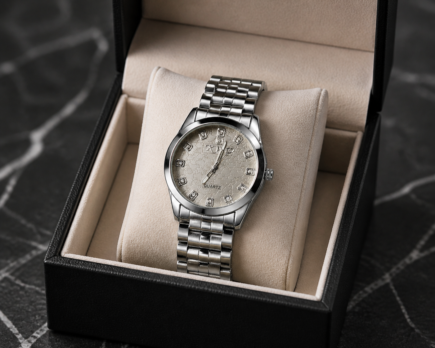 Silver Frost Crackle-Dial Watch Crystal Marker Steel Bracelet | Classic Round Case