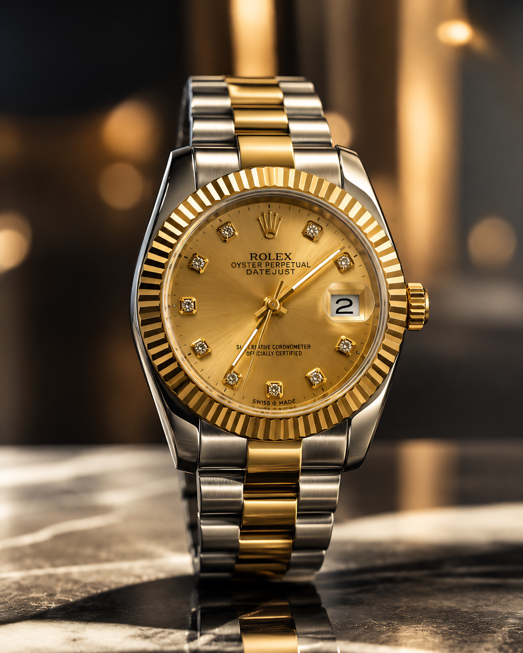 Golden Luxe Ladies Dress Watch Champagne Dial | Gold Fluted Bezel & Two-Tone Presidential Bracelet