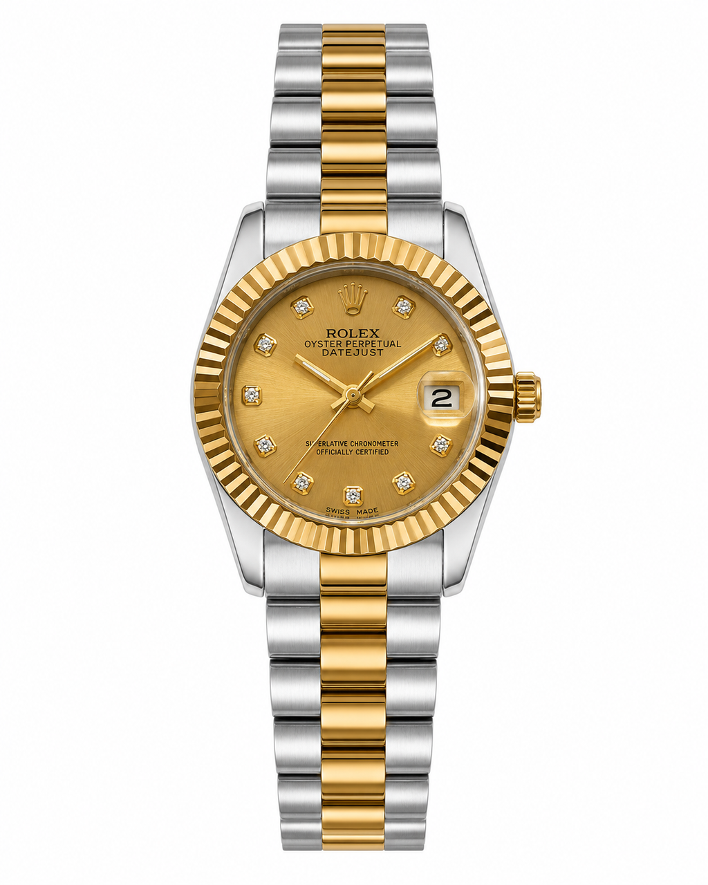 Golden Luxe Ladies Dress Watch Champagne Dial | Gold Fluted Bezel & Two-Tone Presidential Bracelet