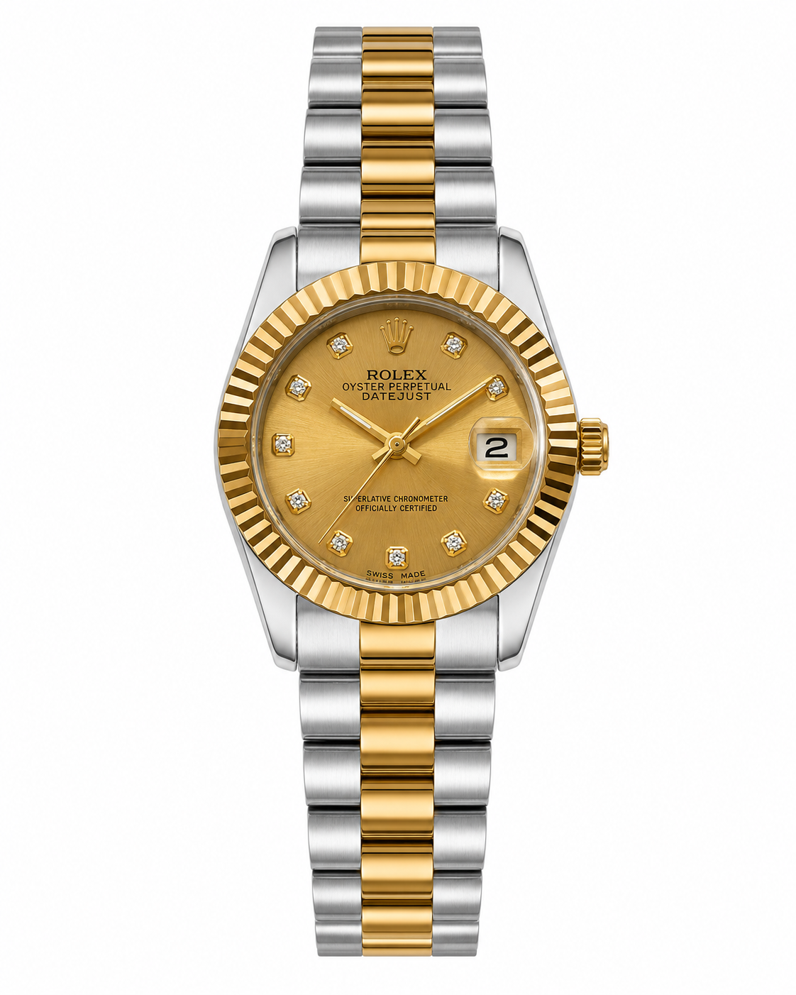 Golden Luxe Ladies Dress Watch Champagne Dial | Gold Fluted Bezel & Two-Tone Presidential Bracelet